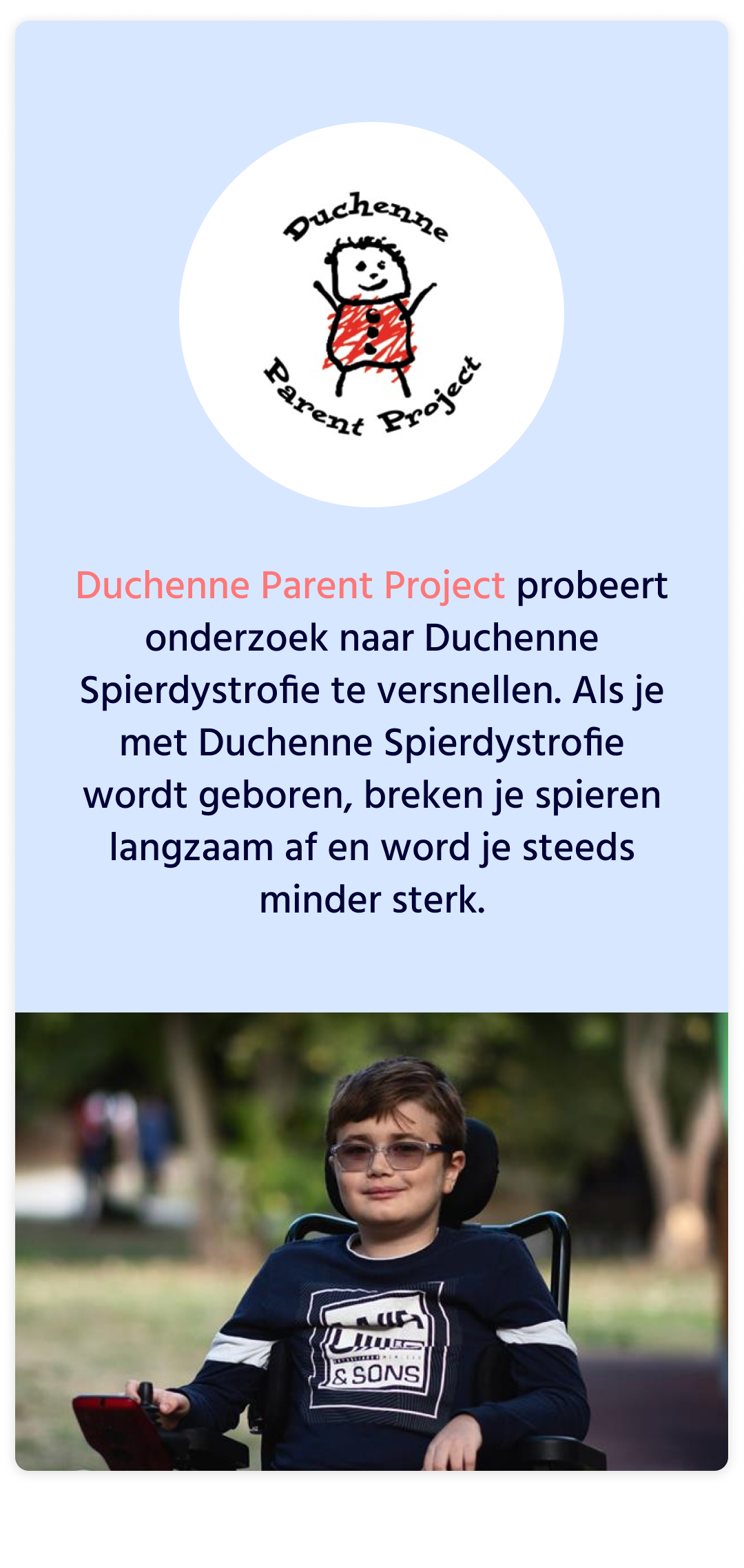 Afbeelding van kind met Duchenne voor Duchenne Parent Project